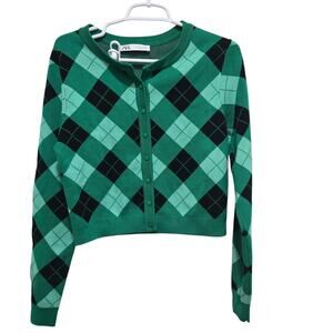 Zara Green Argyle Cropped Cardigan Sweater Large Preppy